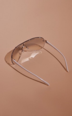 Ochelari de Soare Pretty Little Thing Opaque Curved Bar 90s Visor Albi | ZPNF78916