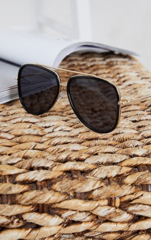Ochelari de Soare Pretty Little Thing Oversized Detail Aviator Negrii | KNSM93476