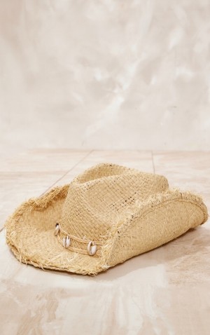 Palarie Pretty Little Thing Natural Frayed Edge Shell Cowboy Bej | SXAW41253