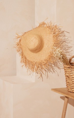 Palarie Pretty Little Thing Natural Frayed Edge Straw Bej | WTCV63704