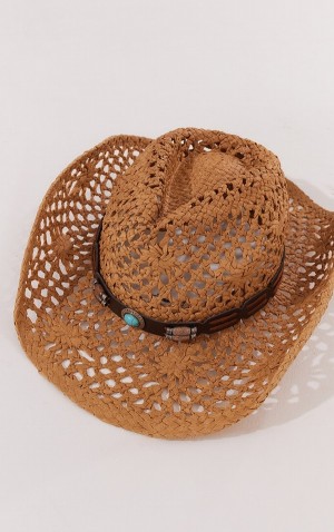 Palarie Pretty Little Thing Tan Straw Rope Cowboy Maro | VWAL43658