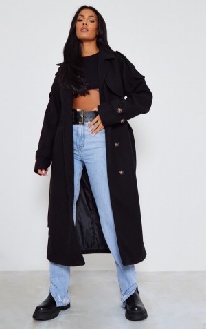 Paltoane Pretty Little Thing Cizme Inalte Oversized Double Breasted Military Trim Negrii | IZHR27104