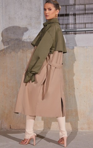 Paltoane Pretty Little Thing Contrast Oversized ed Trench Kaki | BFSZ07368