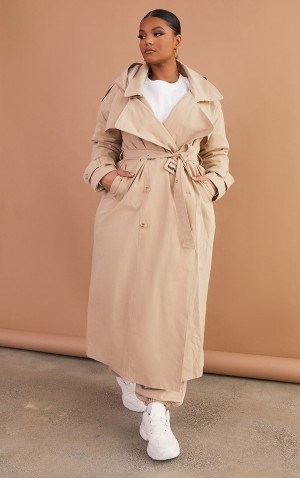 Paltoane Pretty Little Thing PLT Label Plus Stone Woven Cu Glugă Oversized Trench Gri | XBEO36907