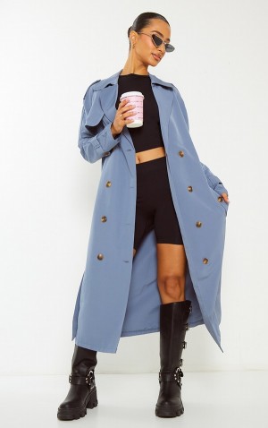 Paltoane Pretty Little Thing Petite Oversized Trench Albastri | KUON49170