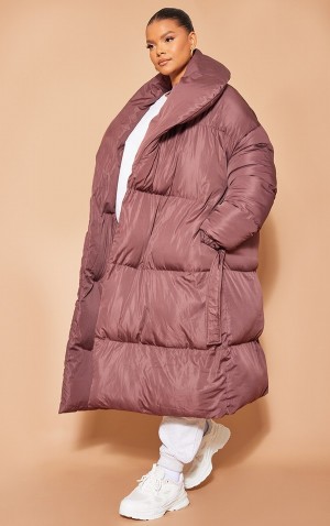 Paltoane Pretty Little Thing Plus Oversized Collar ed Longline Puffer Ciocolata | ALTR51270