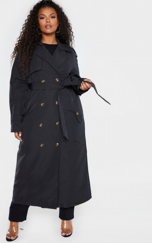 Paltoane Pretty Little Thing Plus Oversized Button Down Trench Negrii | IBZG50467