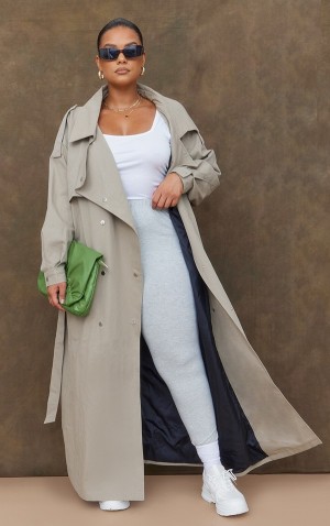 Paltoane Pretty Little Thing Plus Popper Detail Trench Kaki Deschis | HWTB20586