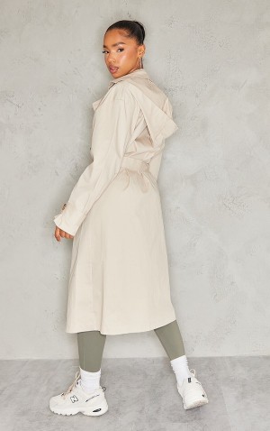 Paltoane Pretty Little Thing Stone Woven Cu Glugă Trench Gri | IMGJ37091