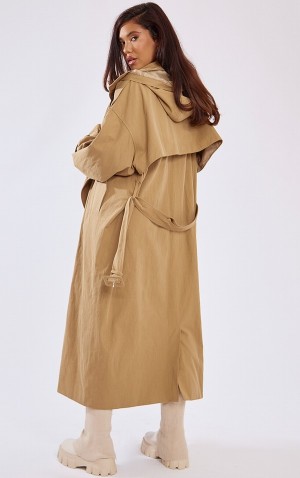 Paltoane Pretty Little Thing Warm Woven Cu Glugă Oversized Trench Bej | QTUV52678