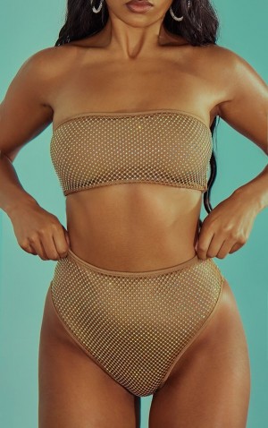 Pantaloni De Bikini Pretty Little Thing Mocha Fishnet Diamante High Talie High Leg Bej | JAOV85467
