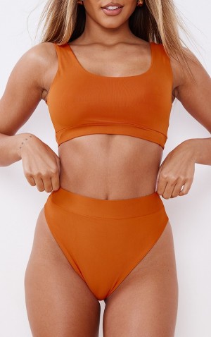 Pantaloni De Bikini Pretty Little Thing Deep Mix Match Elasticated High Talie High Leg Portocalii Inchis | FLWH52038