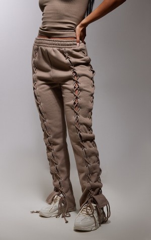 Pantaloni De Trening Pretty Little Thing Taupe Dantela Up Side Detail Oversized Gri Maro | ICMW42795