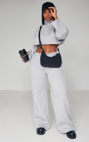 Pantaloni De Trening Pretty Little Thing Shape Marl Toggle Talie Detail Largi Leg Gri | WCFZ27468