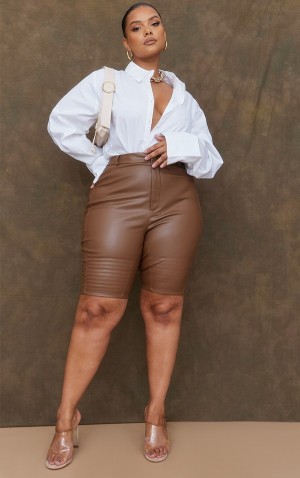 Pantaloni Scurti Pretty Little Thing Plus Faux Piele TailoSeam Detail Ciocolata | XAGM38107