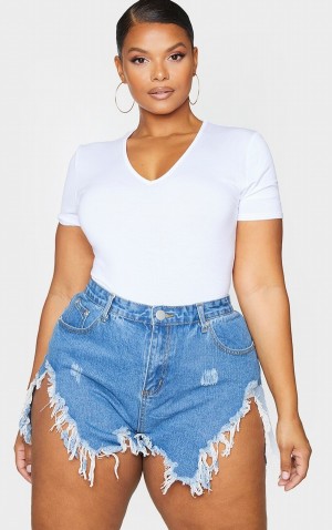 Pantaloni Scurti Pretty Little Thing Plus Mid-High Wash Extreme Thigh Rip Albastri Albastru Deschis | YUHB27145
