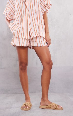 Pantaloni Scurti Pretty Little Thing TextuLinen Look Stripe Oversized Linen Portocalii | IZSM84175