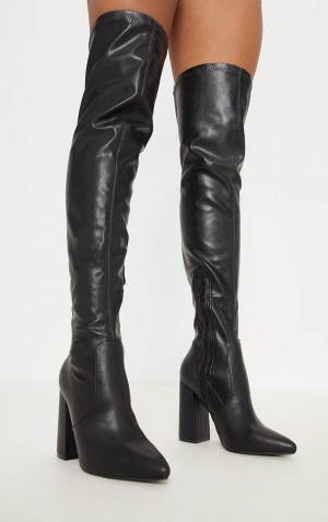 Pantofi Cu Toc Pretty Little Thing Block PU Thigh High Negrii | YRCL09538