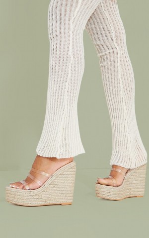 Pantofi Cu Toc Pretty Little Thing Clear Triple Curea Raffia Wedges Bej | UXNV01576