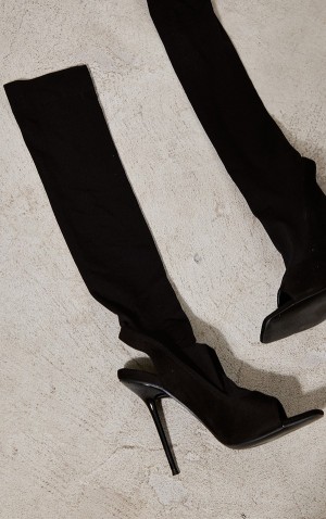 Pantofi Cu Toc Pretty Little Thing Open Bombeu Thigh High Sock Stiletto Negrii | MCTV34206