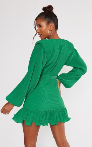 Rochie Pretty Little Thing Bright Plisse Shoulder Pad Wrap Bodycon Verzi Deschis | UXCE09485