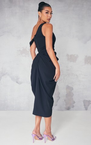 Rochie Pretty Little Thing Chiffon Asymmetric Curea Draped Negrii | SDZG62314