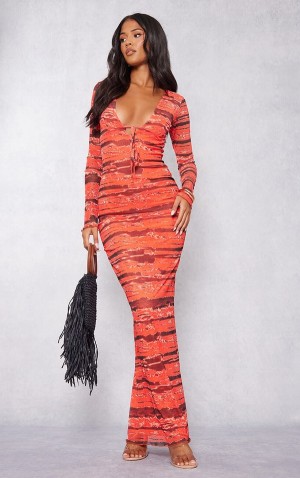 Rochie Pretty Little Thing Cizme Inalte Tie Dye Mesh Long Sleeve Tie Midaxi Rosii | TEOU81356