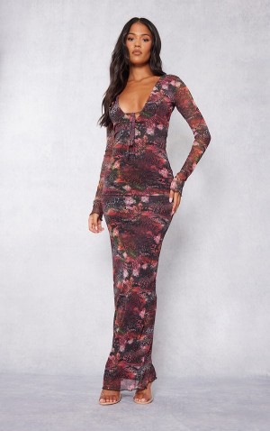 Rochie Pretty Little Thing Cizme Inalte Animal Print Mesh Long Sleeve Tie Midaxi Maro | PWMV58702