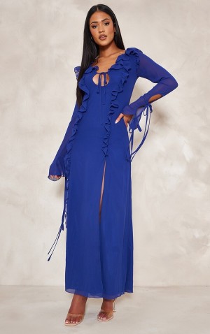 Rochie Pretty Little Thing Cizme Inalte Bright Long Sleeve Frilled Maxi Albastri Deschis | GQDA41970