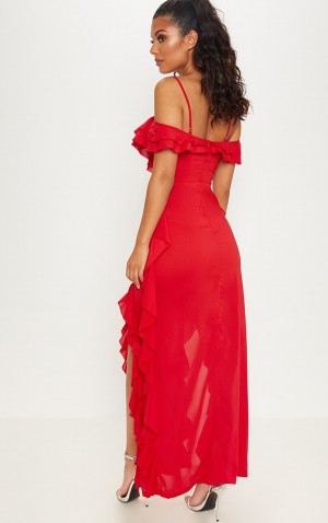 Rochie Pretty Little Thing Cold Shoulder Ruffle Detail Maxi Rosii | MAJZ52149