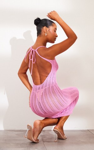 Rochie Pretty Little Thing Cu Bretele Crochet Maxi Roz | NGDT45713