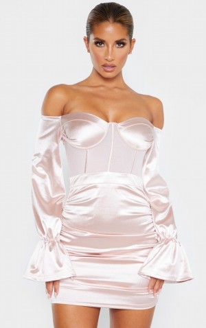 Rochie Pretty Little Thing Dusty Bardot Satin Mesh Insert Ruched Bodycon Roz | KZSG43592