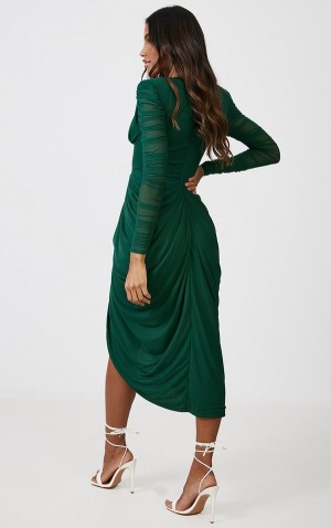 Rochie Pretty Little Thing Emerald Mesh Ruched Long Sleeve Draped Turcoaz Verzi | VKOR17645