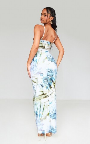 Rochie Pretty Little Thing Floral Bengaline Corset Cu Bretele Ruched Split Midaxi Albastri | YPAC40725