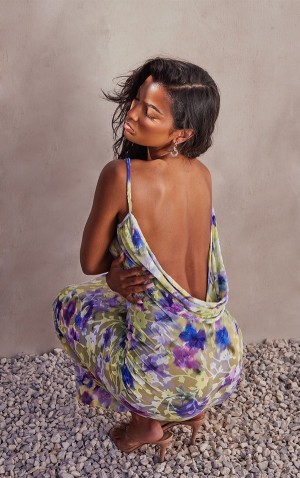 Rochie Pretty Little Thing Floral Print Flocked Mesh Cowl Maxi Violet | MWPZ18097