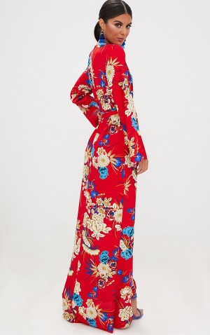 Rochie Pretty Little Thing Floral Print Kimono Maxi Rosii | IKBY19680