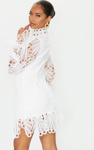 Rochie Pretty Little Thing High Neck Dantela Long Sleeve Frill Bodycon Albi | SRPV30647