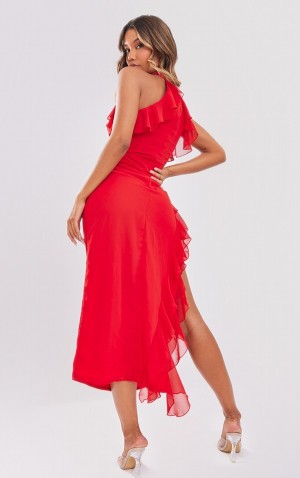 Rochie Pretty Little Thing High Neck Frill Split Hem Midaxi Rosii | VPGS35906