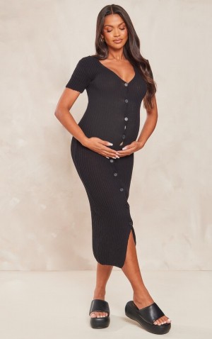 Rochie Pretty Little Thing Maternity Knit Button Up Midaxi Negrii | NVUH56182