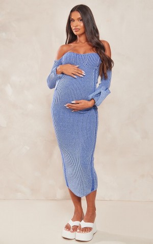 Rochie Pretty Little Thing Maternity Off The Shoulder Contrast Knit Midaxi Albastri | FDTC50946