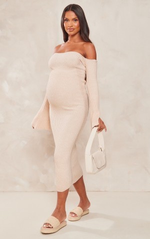 Rochie Pretty Little Thing Maternity Stone Off The Shoulder Contrast Knit Midaxi Gri | SJCU94807