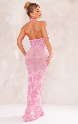 Rochie Pretty Little Thing Mauve Flocked Halterneck Frill Split Detail Maxi Violet | KAIE82079