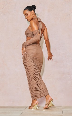 Rochie Pretty Little Thing Mushroom Extreme Ruched Mesh Cut Out Knot Detail Midaxi Maro Deschis | RPSE16453