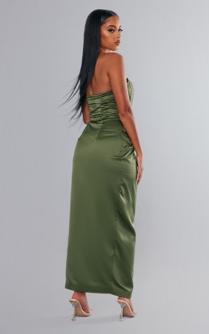 Rochie Pretty Little Thing PLT LABEL Satin Corset Twist Detail Ruched Midaxi Masline Verzi Inchis | WRQM36901
