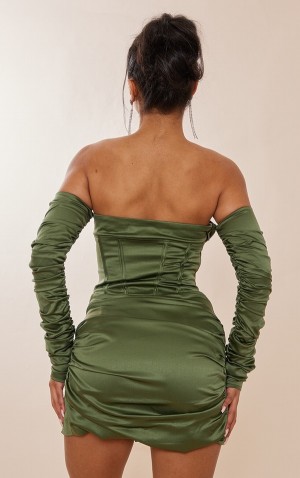 Rochie Pretty Little Thing PLT Label Sage Satin Corset Ruched Sleeve Bodycon Masline Verzi Kaki | CQWZ23041