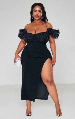 Rochie Pretty Little Thing Plus Bardot Organza Ruffle Detail Glitter Negrii | EAVG29870