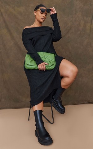 Rochie Pretty Little Thing Plus Bardot Oversized Thick Knit Negrii | KZVX81240