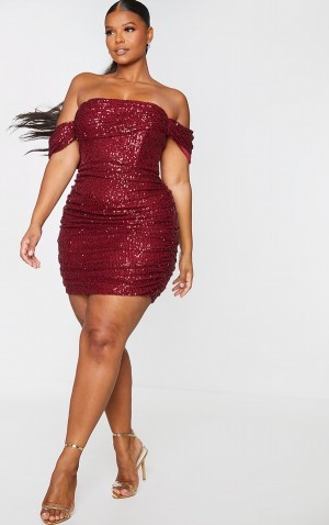 Rochie Pretty Little Thing Plus Burgundy Sequin Bardot Bodycon Visinii | PYQE68752