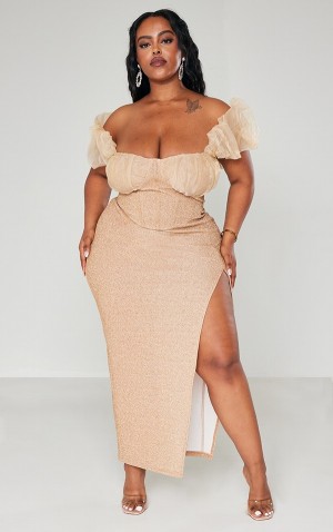 Rochie Pretty Little Thing Plus Champagne Bardot Organza Ruffle Detail Glitter Maro | HTXC74036