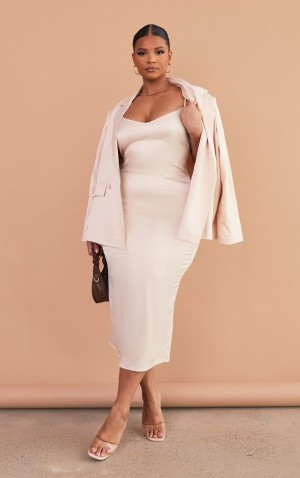 Rochie Pretty Little Thing Plus Champagne Cu Bretele Satin Albi | KMPN70396